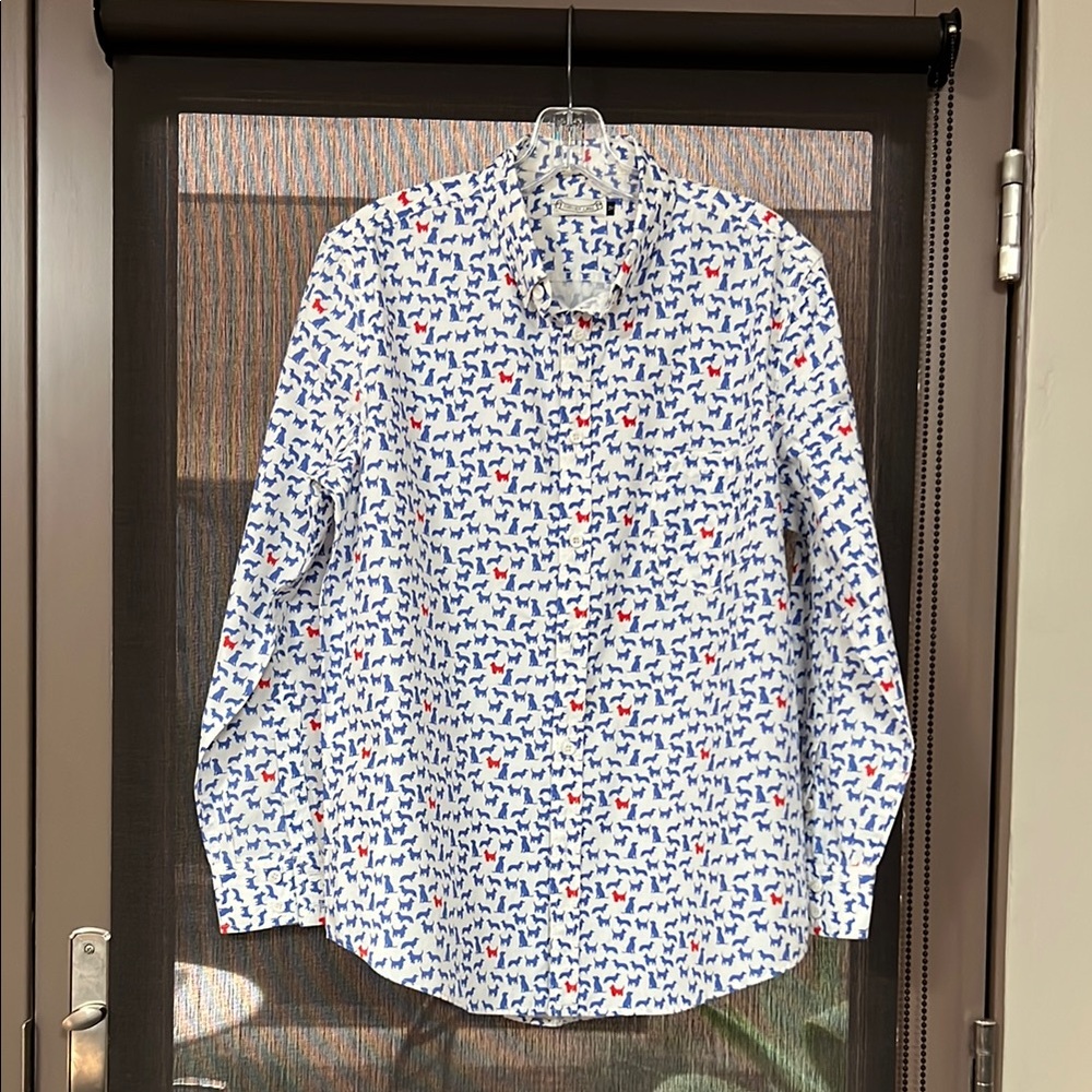 Men's Blue and White dog Patterned Shirt.